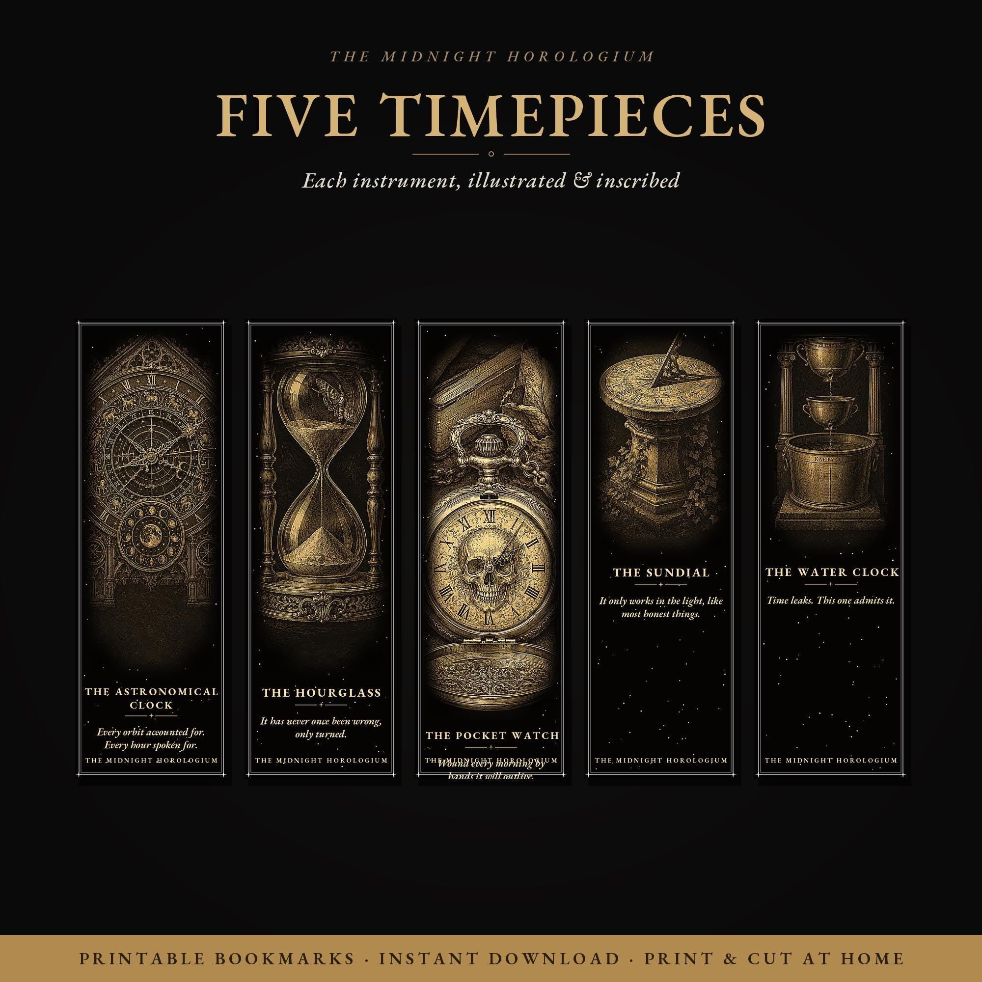 The Midnight Horologium Bookmark, Memento Mori Dark Academia | Gold On Black | Magnetic & Standard Page Marker