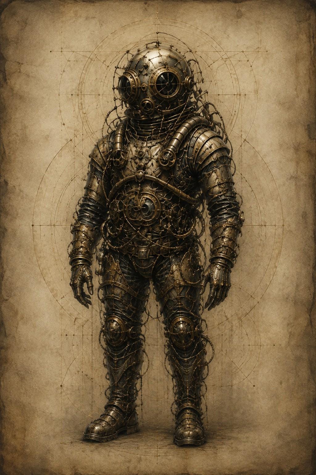 Diver: Biomechanical Anatomy | Dark Academia Lock Screen | Gothic Sci-Fi Wallpaper | Surreal Brass Machinery