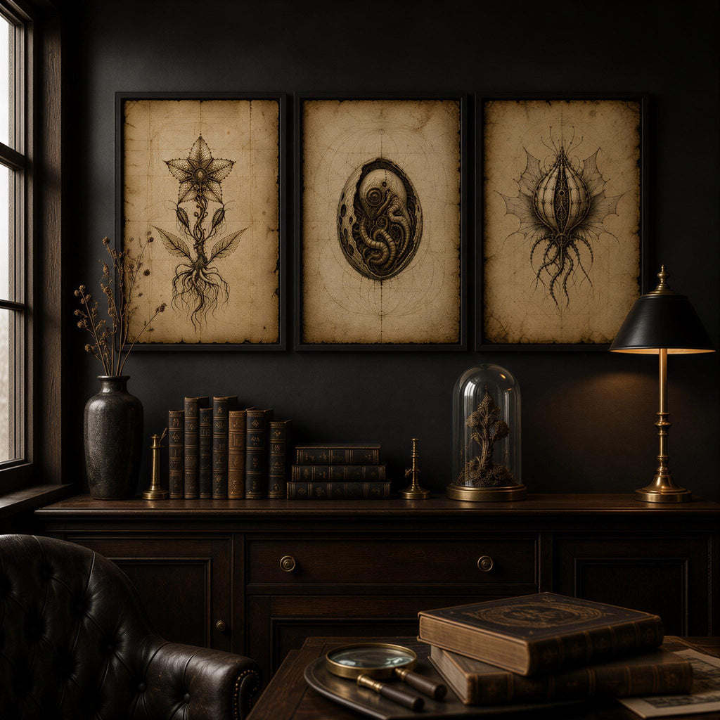 Alien Forms, Biomechanical Codex Wall Art | Dark Academia Gothic Print Set | Sepia Digital Download