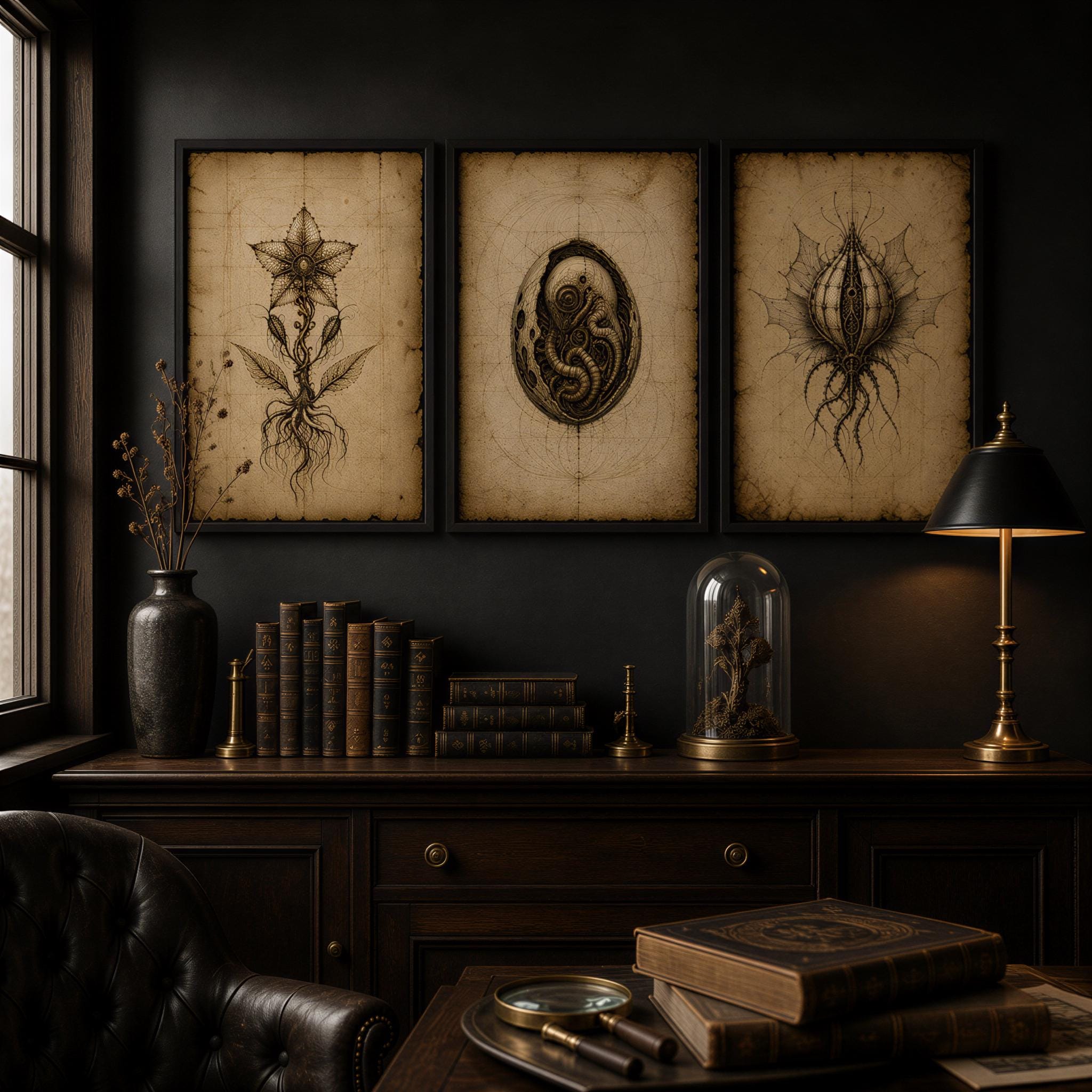 Alien Forms, Biomechanical Codex Wall Art | Dark Academia Gothic Print Set | Sepia Digital Download